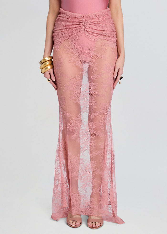 Brenda Maxi Skirt pink lace maxi with ruched waist and sheer overlay. media 1 of 5