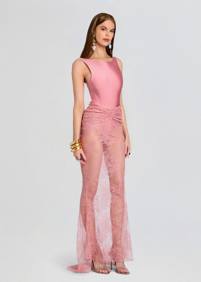 Full length model wearing the pink Brenda Maxi Skirt with sheer lace overlay. media 4 of 5