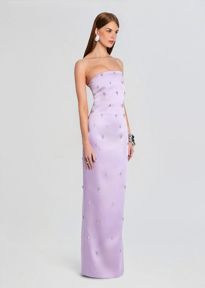 Model in full length lavender Keziah embellished dress shown from the side with scattered crystal motifs media 3 of 5