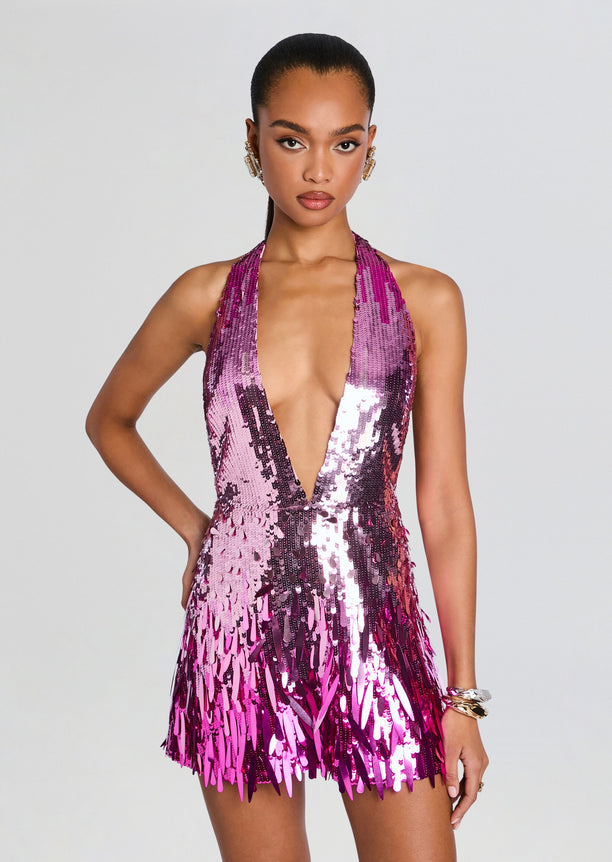 Kinara Sequin Dress front close up with deep plunging neckline and shimmering pink purple sequins