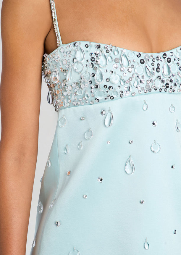 Lorelai Embellished Dress close up of crystal embellished neckline and beaded straps