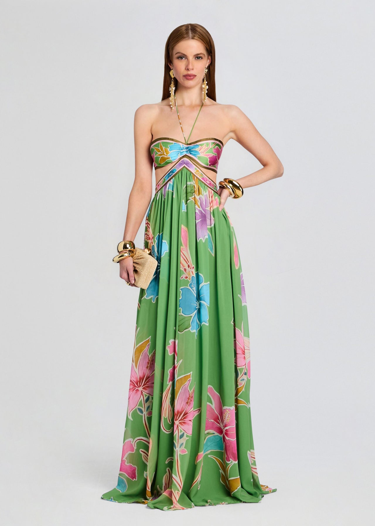 slim fit dress slacks Long Halter Tropical Print Slit Dress – The Dress Outlet main image 1