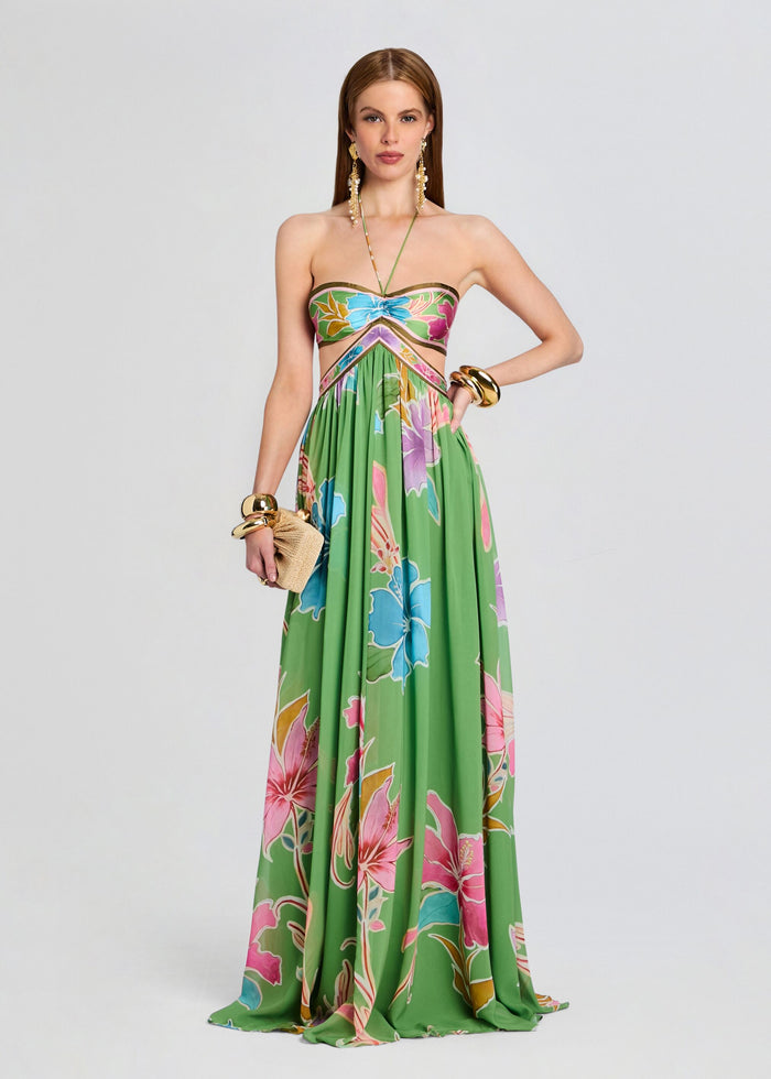 Tropical floral green strapless maxi dress with a fitted bodice and long flowing skirt. media 1 of 5