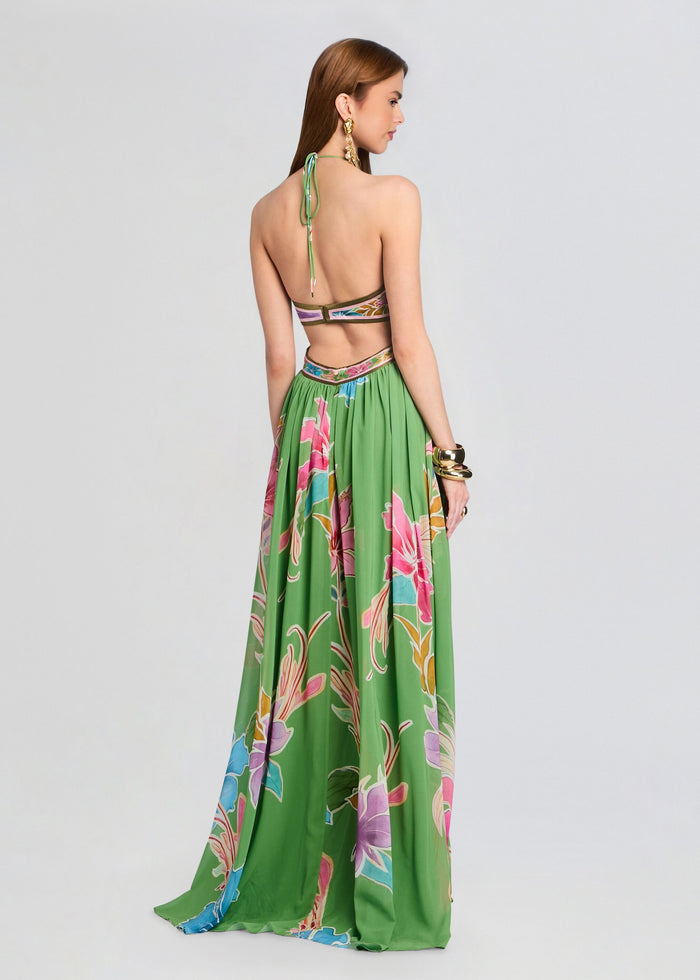 Back view of the Rabel Dress on model showing halter neck tie and cutout back panels with a long green floral skirt. media 4 of 5