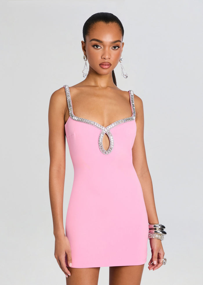 Front view of a pink Talitha Embellished Dress with crystal trim along the straps and a teardrop keyhole cutout. media 5 of 5