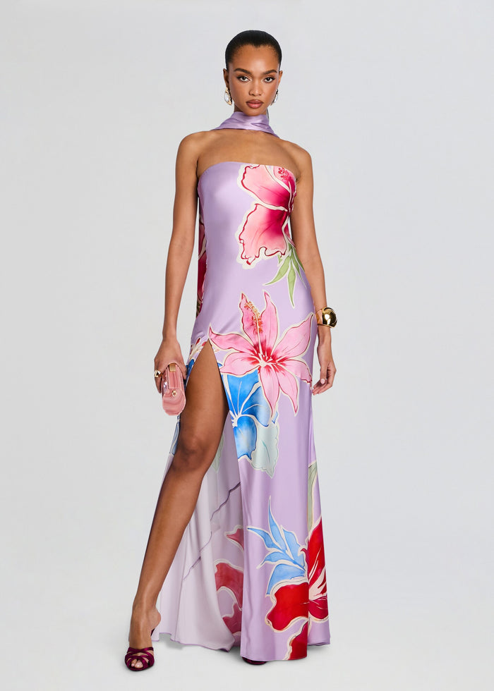 Lilac silk strapless gown with bold floral print and thigh high slit. media 1 of 6
