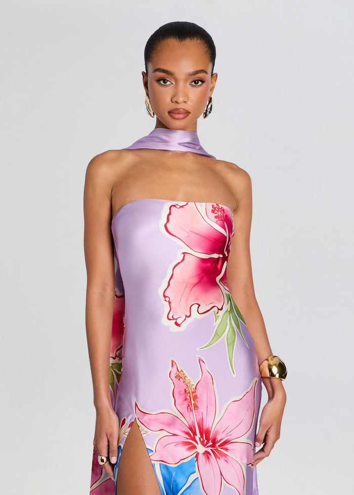 Lavender silk strapless dress with a bold pink floral print and a high side slit media 5 of 6