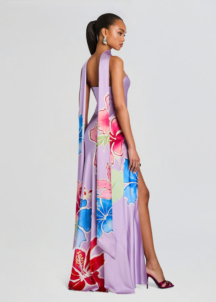 Back view of lavender Tizzy Silk Dress with long flowing skirt and bold floral panels media 4 of 6