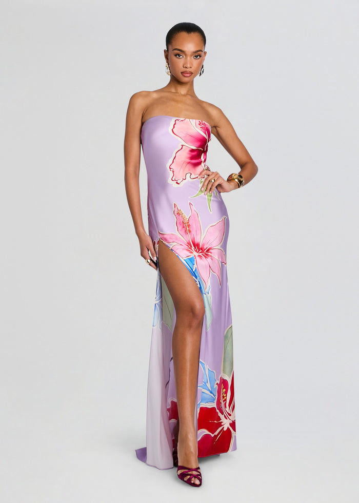 Full length lavender silk dress with large pink floral print and a dramatic thigh-high slit media 6 of 6