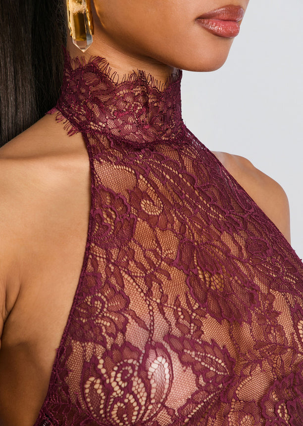 Violet Lace Top close up showing burgundy floral lace at the high neck.