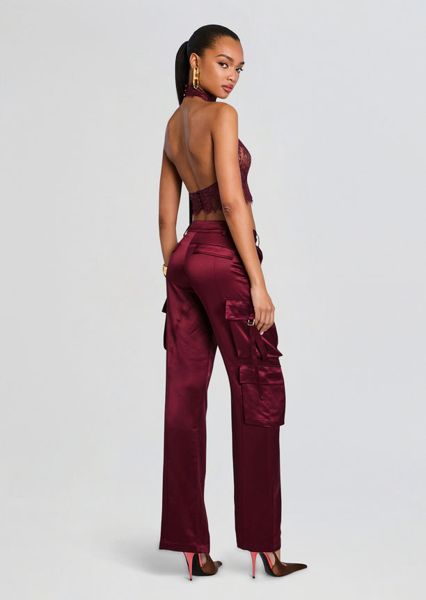 Back view of Violet Lace Top with open back and scalloped burgundy lace.