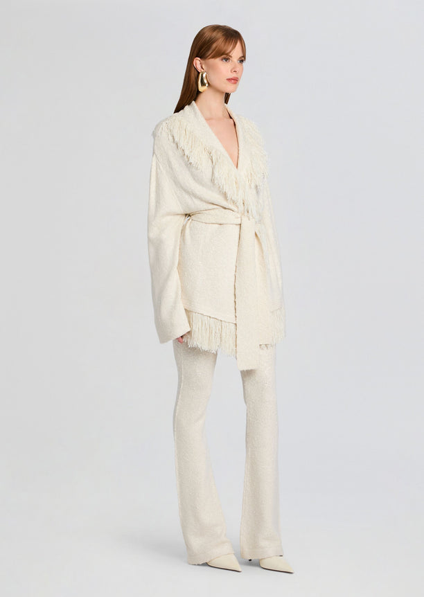 Cream Winslet Cardigan with fringe shawl collar and belt over matching knit pants