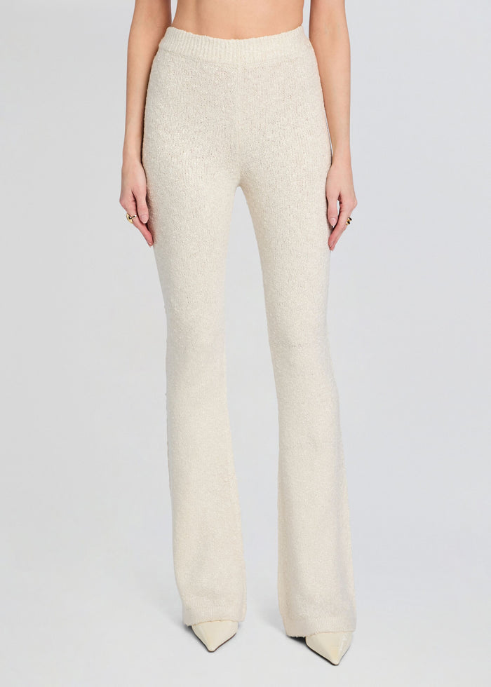 Beige Zadie Knit Pant shown in full length in soft textured knit fabric media 1 of 5