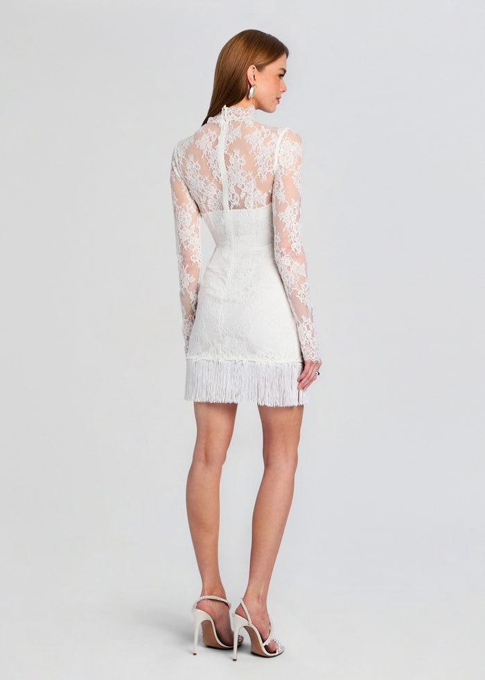 Back view of Xylina Lace Dress showing sheer lace bodice and fringe hem. media 4 of 5