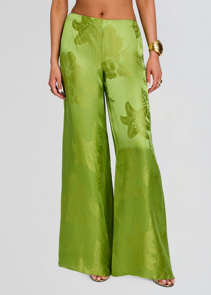 Front view of lime green satin wide-leg Antoinette Pant with tropical leaf print media 1 of 5