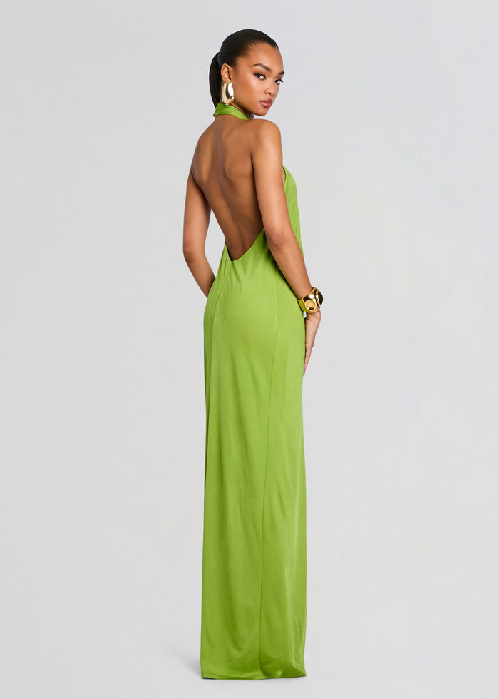 Back view of lime green Becs Dress showing low open back and long flowing skirt media 4 of 5