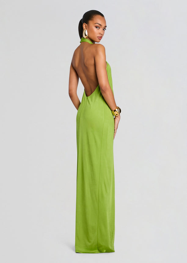 Back view of lime green Becs Dress showing low open back and long flowing skirt