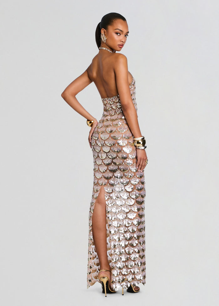 Genovia Embroidered Dress backless sequined gown with metallic scale pattern and halter neckline media 4 of 5