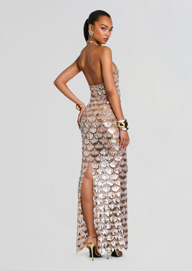 Genovia Embroidered Dress backless sequined gown with metallic scale pattern and halter neckline