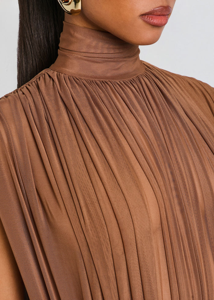 Close up of Giulia Bodysuit showing a high turtleneck with fine pleats in warm brown fabric media 3 of 5