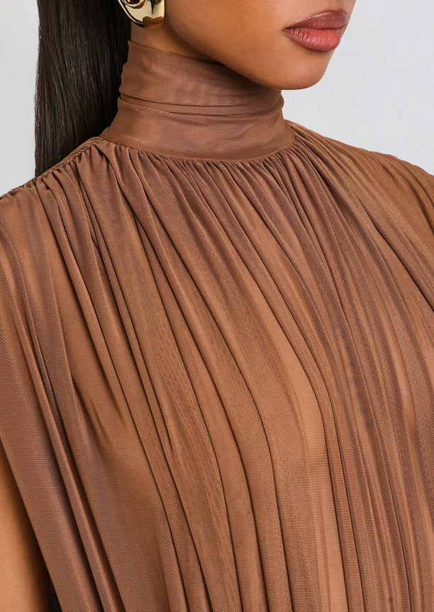 Close up of Giulia Bodysuit showing a high turtleneck with fine pleats in warm brown fabric