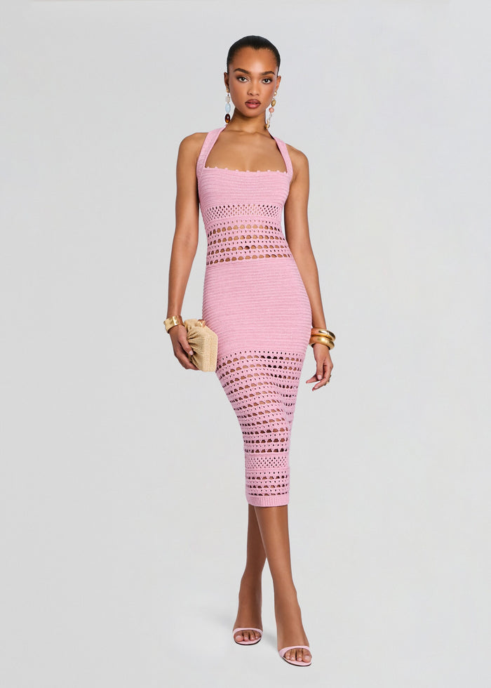 Pink Jaycee Crochet Dress halter neck fitted midi with open crochet panels across the bodice and skirt media 1 of 5