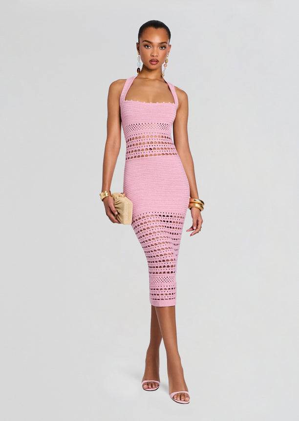 Pink Jaycee Crochet Dress halter neck fitted midi with open crochet panels across the bodice and skirt