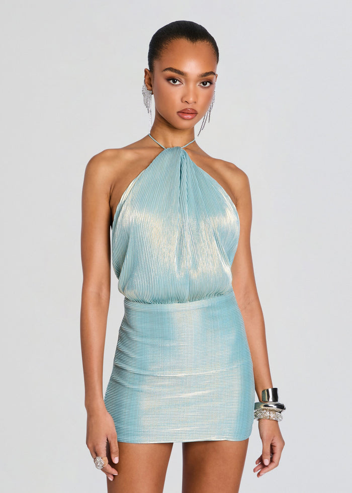 Lavinia Dress front view halter neck metallic pleated mini in light blue with dangling earrings media 5 of 5
