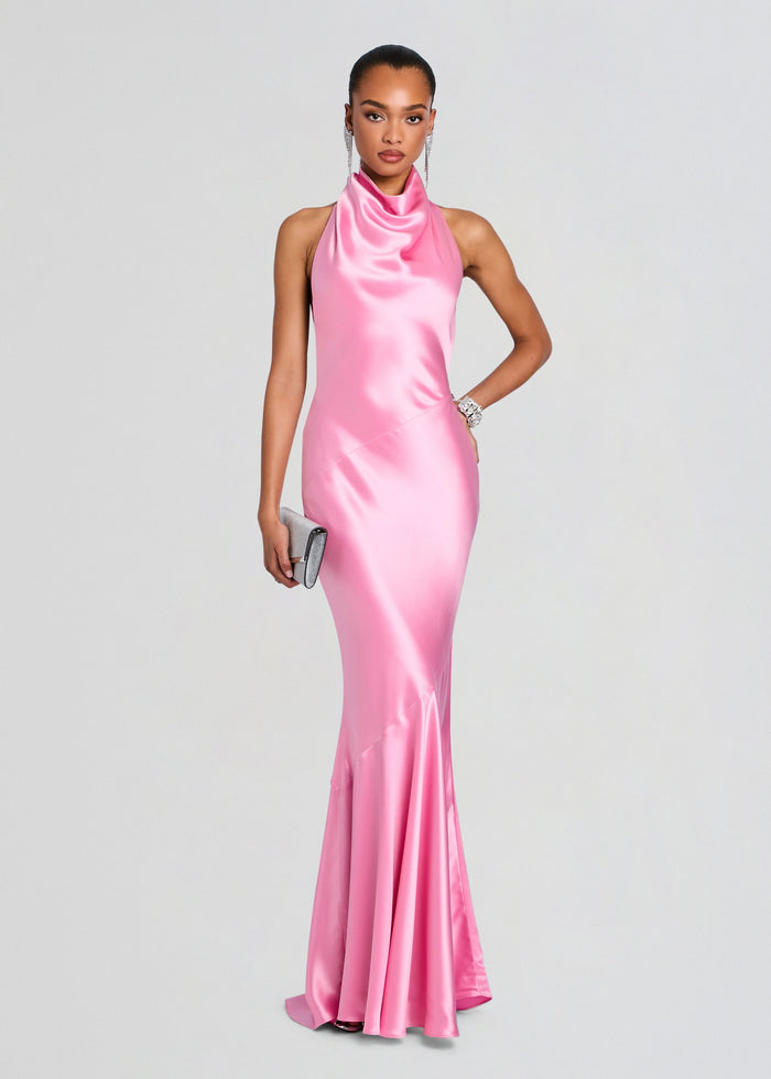 Pink Luneth Dress in satin with halter neckline and mermaid silhouette media 1 of 5