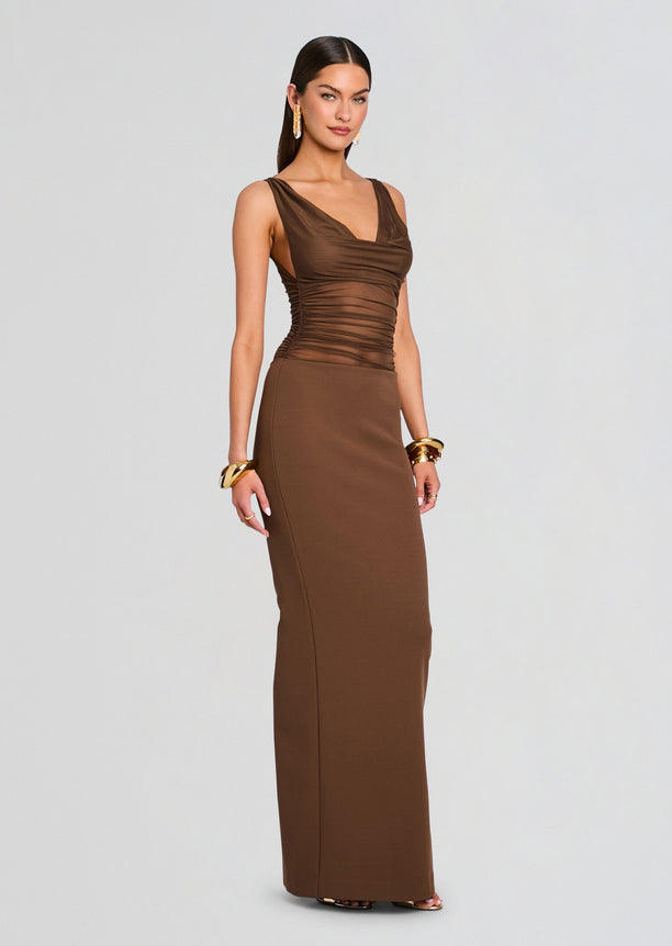 Full length front view of a bronze brown Marla Maxi Dress with ruched waist and floor-length skirt, sleeveless straps and V neckline.