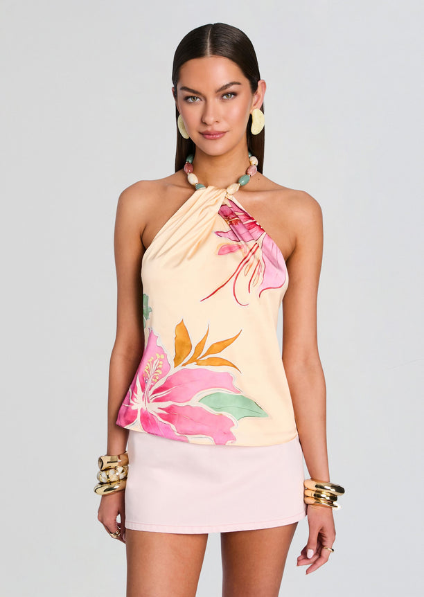 Milani Top one-shoulder cream halter with tropical floral print in pink and peach tones