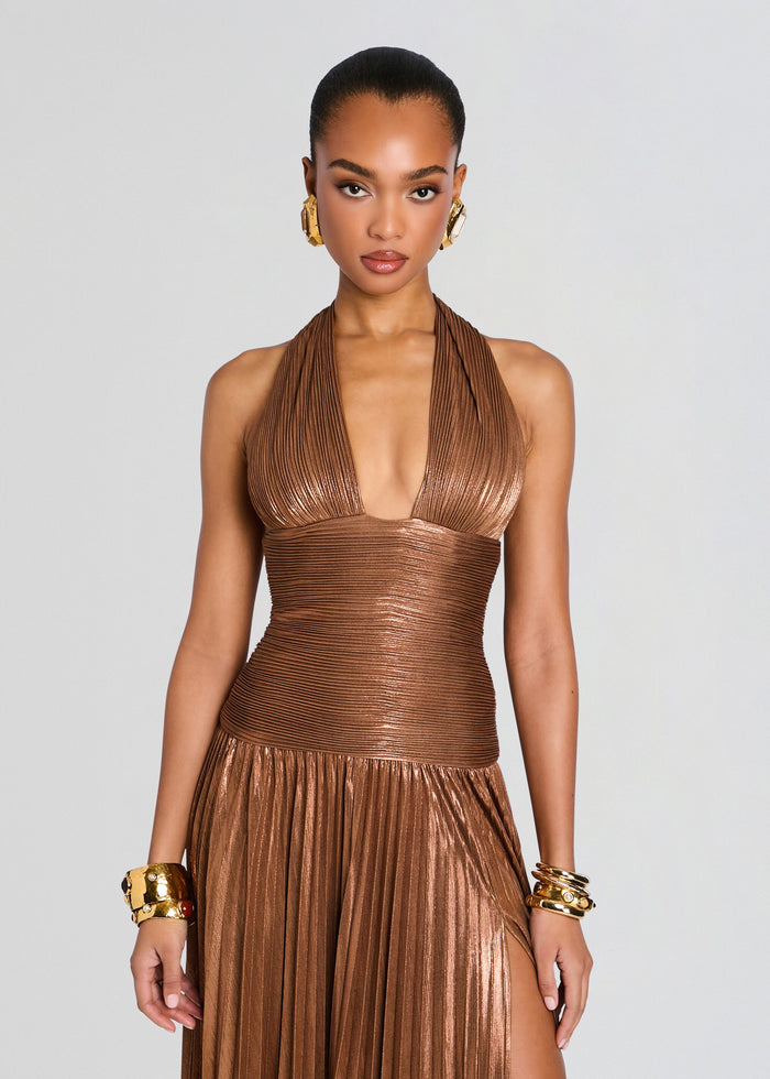 Front view of bronze metallic Orlina Dress with a plunging halter neckline and ruched bodice. media 6 of 6