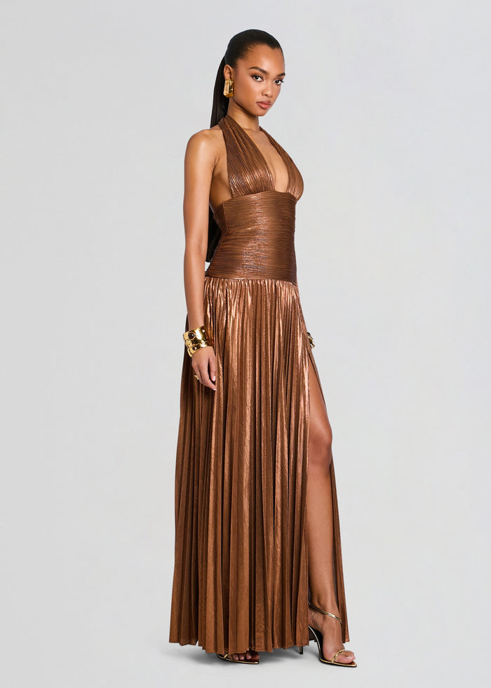 Orlina Dress metallic bronze halter gown with ruched bodice and pleated skirt media 4 of 6