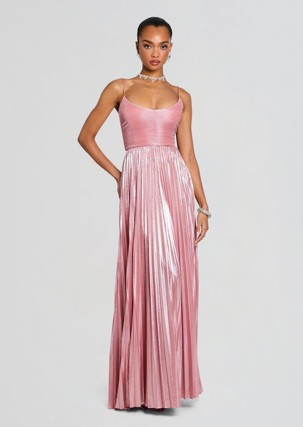 Rhosyn Dress full length pink metallic pleated gown on a model with thin straps