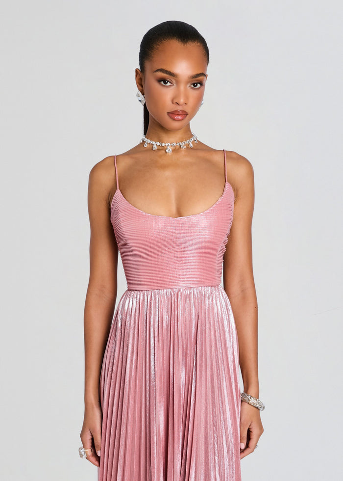 Front view of pink metallic Rhosyn Dress with spaghetti straps and pleated skirt media 5 of 5