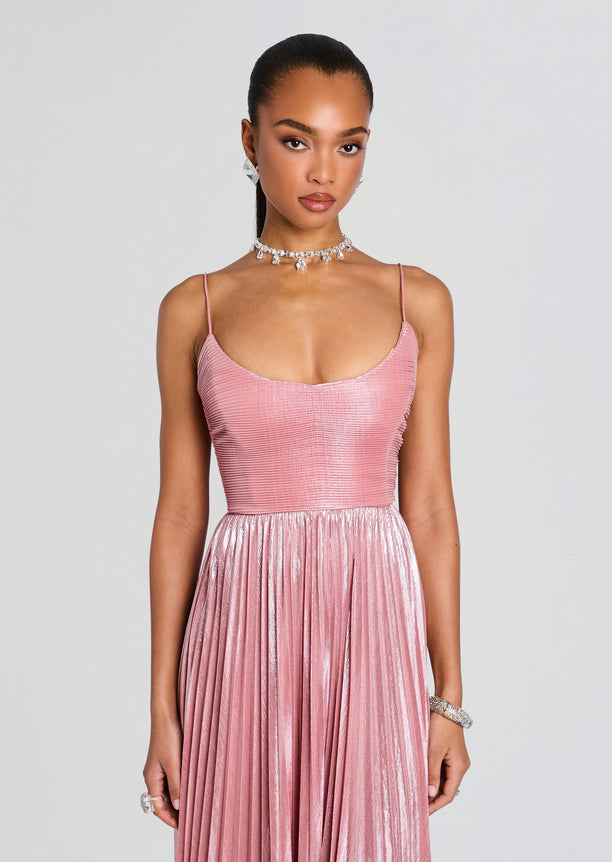 Front view of pink metallic Rhosyn Dress with spaghetti straps and pleated skirt