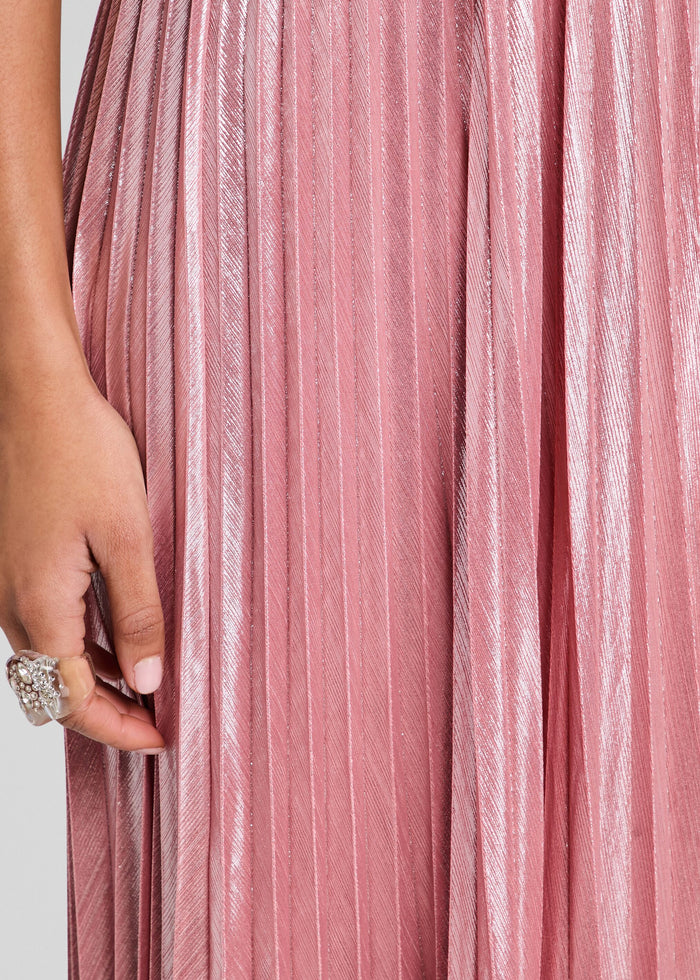 Close-up of pink metallic pleated fabric from the Rhosyn Dress media 2 of 5