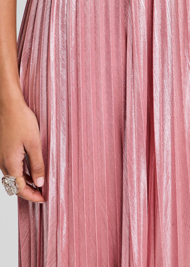 Close-up of pink metallic pleated fabric from the Rhosyn Dress
