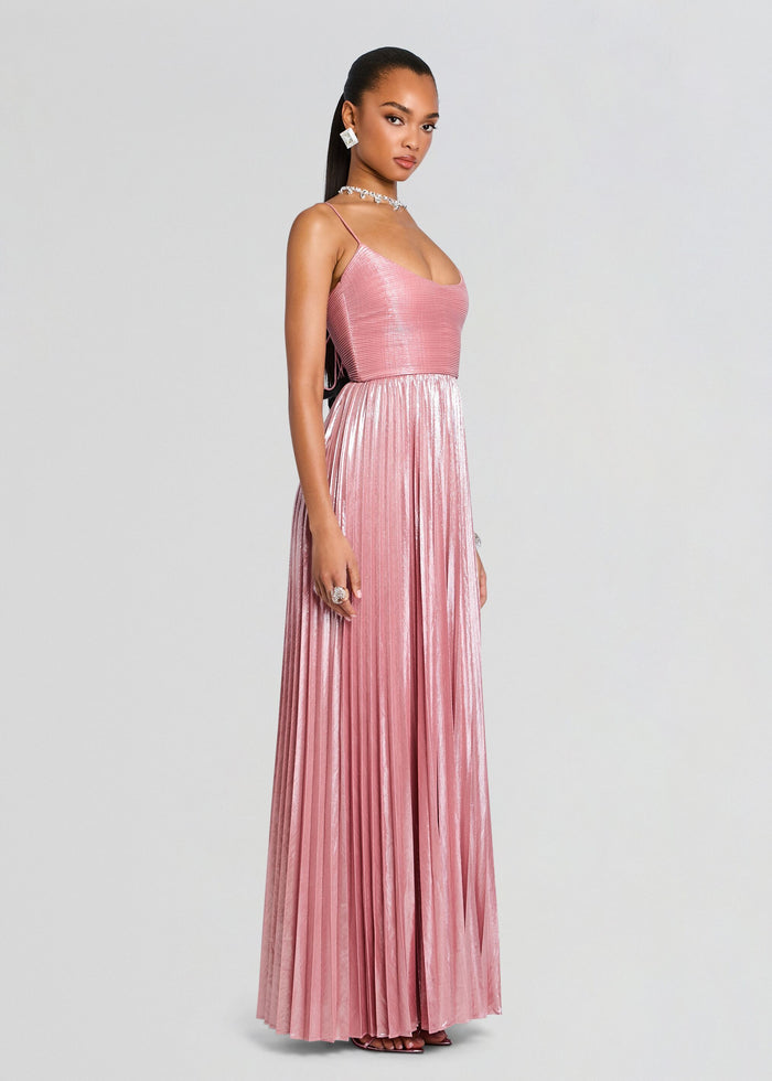 Side view of the pink metallic Rhosyn Dress on a model with jewelry media 3 of 5