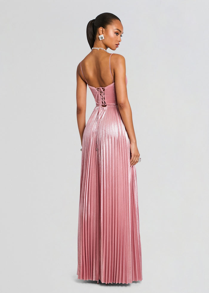 Back view of a pink metallic Rhosyn Dress with lace up corset back and pleated skirt media 4 of 5