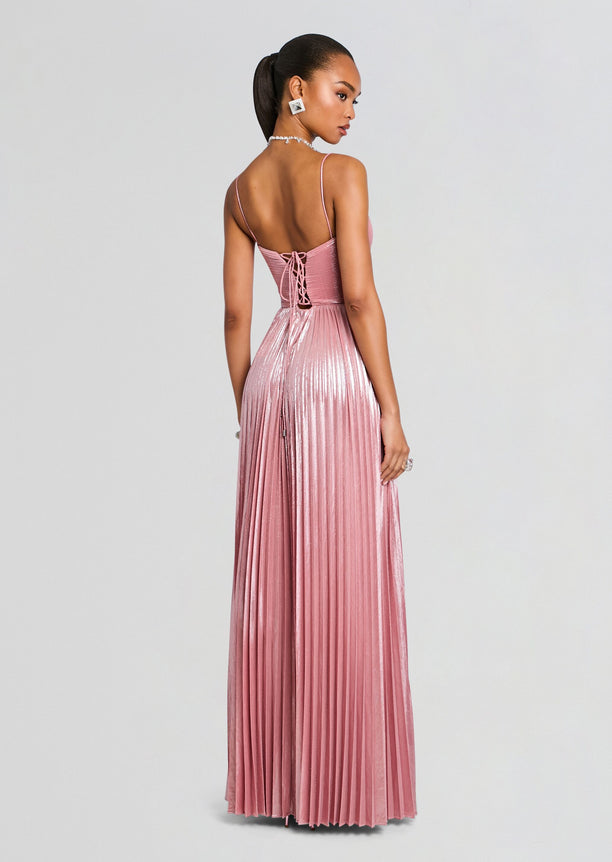 Back view of a pink metallic Rhosyn Dress with lace up corset back and pleated skirt