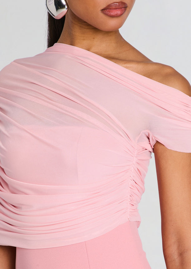 Pink ruched off the shoulder fabric detail of the Selma Mini Crepe Dress