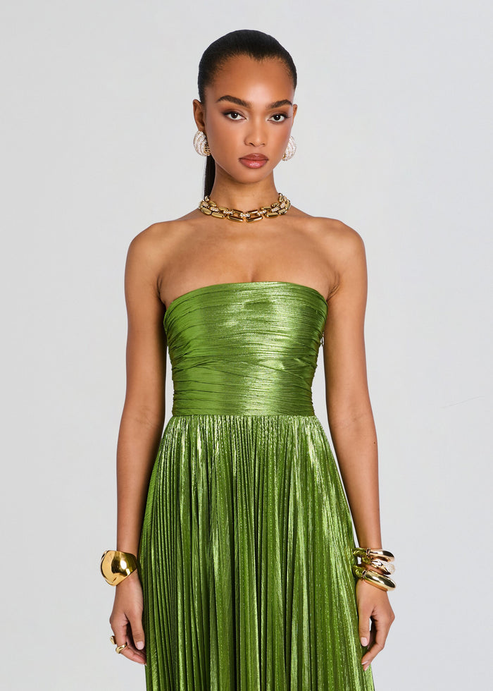 Sevyn Dress in metallic lime green front view with strapless ruched bodice and high slit pleated skirt media 5 of 5
