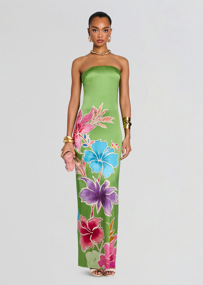 Strapless Vivi Silk Dress in lime green with a bold tropical flower print along the skirt. media 1 of 6