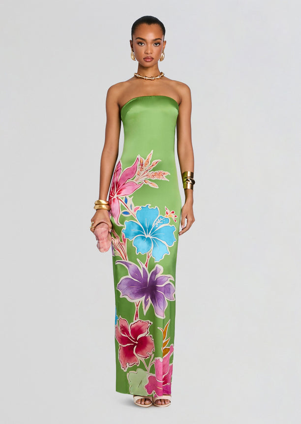 Strapless Vivi Silk Dress in lime green with a bold tropical flower print along the skirt.