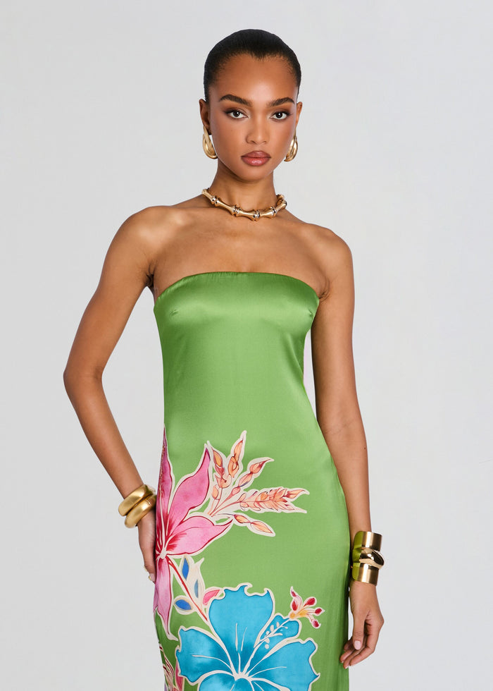 Front view of Vivi Silk Dress in lime green satin with a halter neckline and bold tropical floral print at the skirt. media 6 of 6