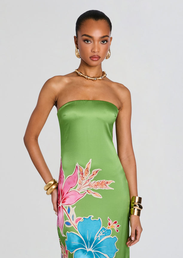 Front view of Vivi Silk Dress in lime green satin with a halter neckline and bold tropical floral print at the skirt.