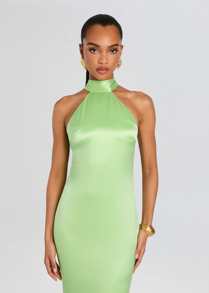 Front view of a lime green satin gown with a high halter neckline and a back with multiple thin straps. media 5 of 5
