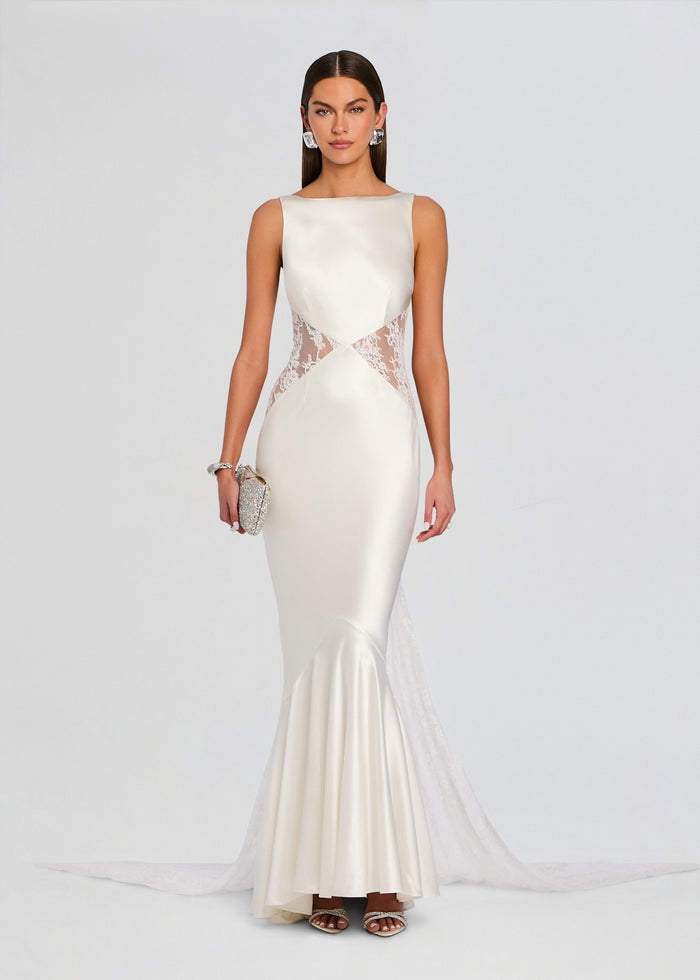 Analuisa Lace Dress front view with satin bodice lace side panels and a flowing lace train media 2 of 6
