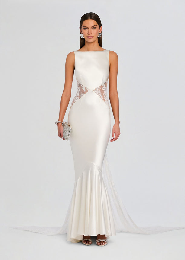 Analuisa Lace Dress front view with satin bodice lace side panels and a flowing lace train